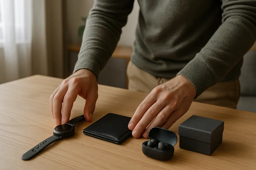 Presente para homem moderno: escolhas atuais que fazem sentido Mãos masculinas organizando relógio moderno carteira minimalista e fones de ouvido sobre mesa de madeira clara