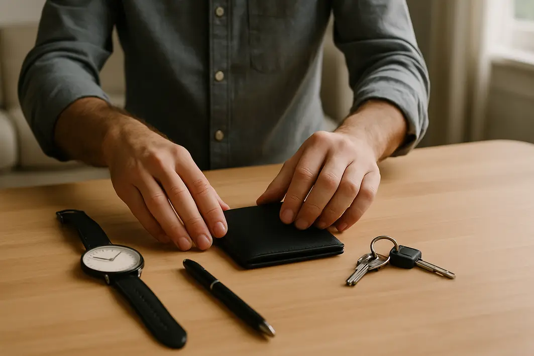 Presente para homem simples: O básico bem escolhido funciona Mãos masculinas organizando relógio minimalista, carteira de couro, caneta elegante e chaveiro sobre mesa de madeira