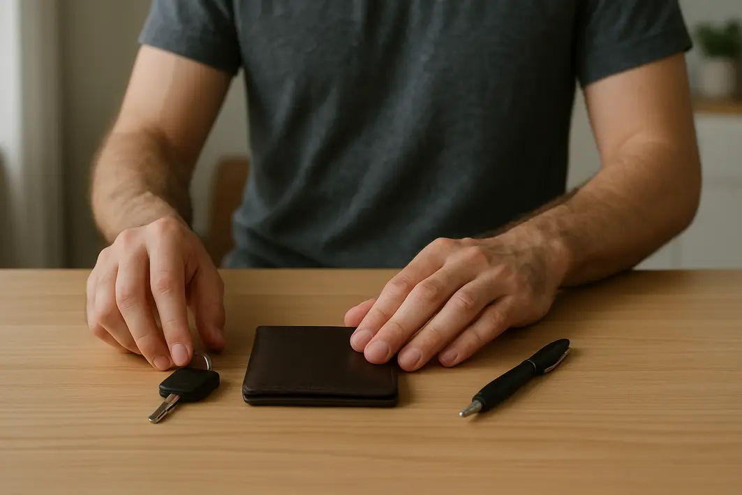 Presente para homem que não gosta de presentes: Opções seguras e funcionais Mãos masculinas organizando carteira chaveiro e caneta sobre mesa de madeira clara