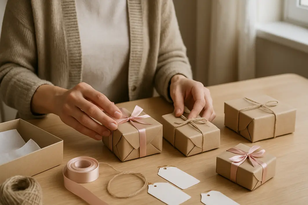 Presente para namorado de última hora — soluções rápidas que funcionam Mãos femininas organizando pequenos presentes em mesa de madeira clara