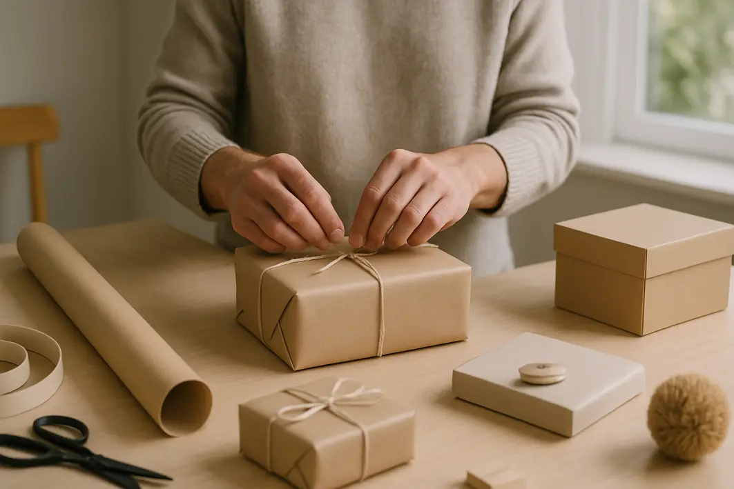 Sugestão de presente criativo para sair do comum sem exagerar Mãos adultas organizando itens para presente em mesa clara