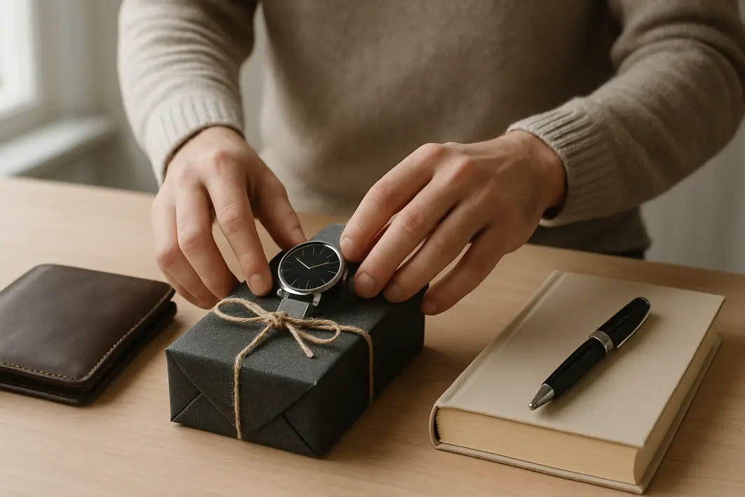 O que dar de presente para homem: Sugestões por estilo e perfil Mãos organizando carteira de couro relógio caneta e livro sobre mesa clara