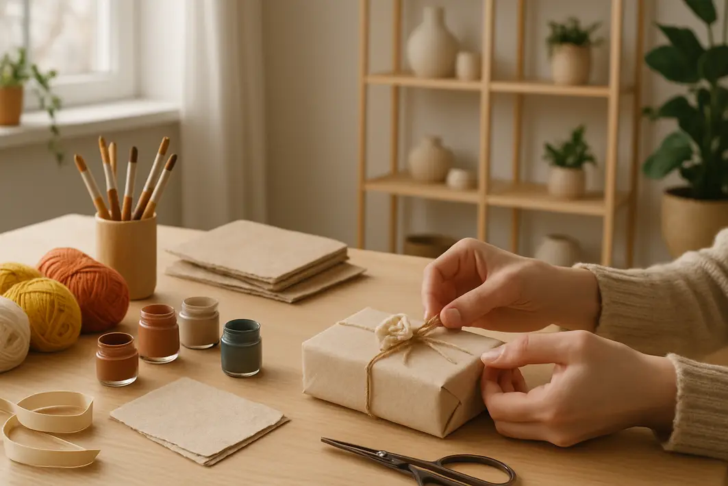 Presente para namorado feito à mão: ideias simples com valor emocional Mesa de madeira com materiais artesanais e duas mãos preparando presente