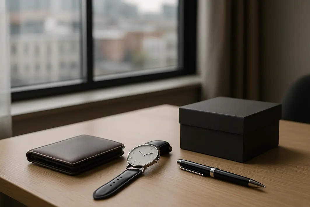 Presente para namorado adulto que une utilidade e elegância Mesa de madeira clara com carteira de couro, relógio minimalista, caneta sofisticada e caixa de presente em ambiente interno moderno com janela e vista urbana