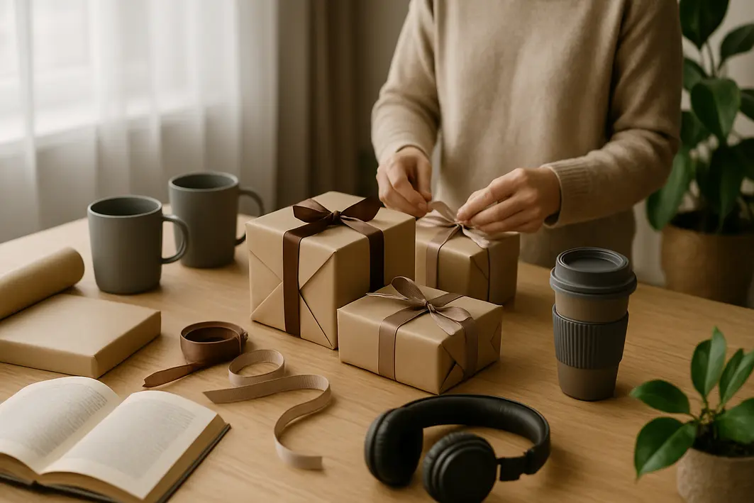 Presente para namorado sem gastar muito: boas ideias com pouco dinheiro Mesa de madeira clara com caixas de presentes, fones de ouvido, livro aberto, canecas minimalistas e planta verde em ambiente moderno e iluminado