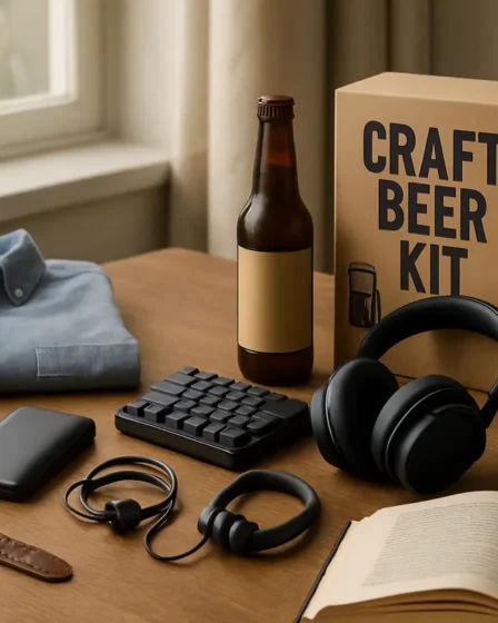 O que dar de presente para homem: Sugestões por estilo e perfil Mesa organizada com opções variadas de presentes para homem incluindo carteira de couro, relógio, fones de ouvido, garrafa térmica e kit de cerveja artesanal