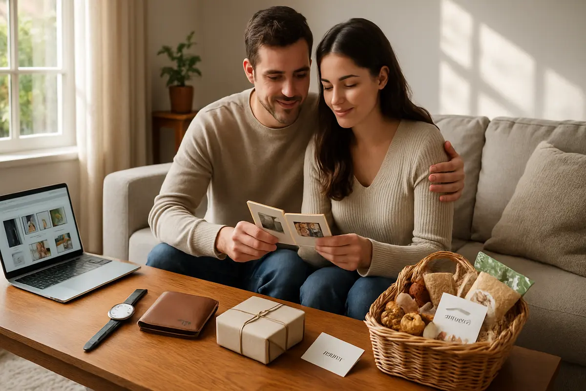 O que dar de presente para namorado: guia completo para não errar Casal sentado em sofá com presentes variados na mesa de centro em sala aconchegante
