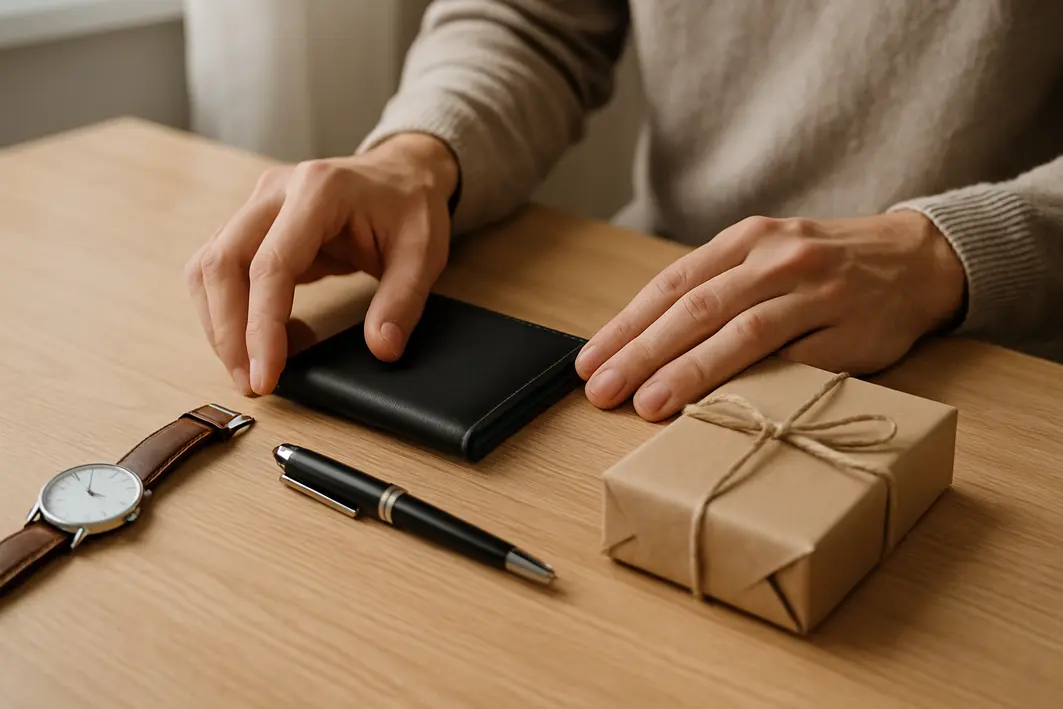 Sugestão de presente para homem em diferentes perfis Mãos organizando carteira de couro relógio caneta e caixa de presente sobre mesa de madeira clara
