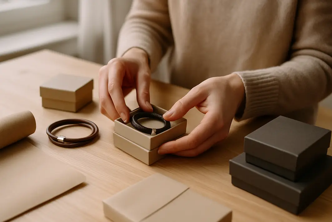 Presente para namorado econômico: ideias baratas que parecem caras Mãos organizando acessórios minimalistas de presente sobre mesa de madeira clara