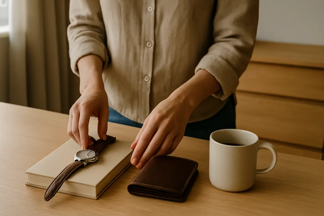 Ideias de presente diferente para namorado que fogem do comum Mãos femininas organizando relógio elegante carteira couro livro caneca sobre mesa madeira clara