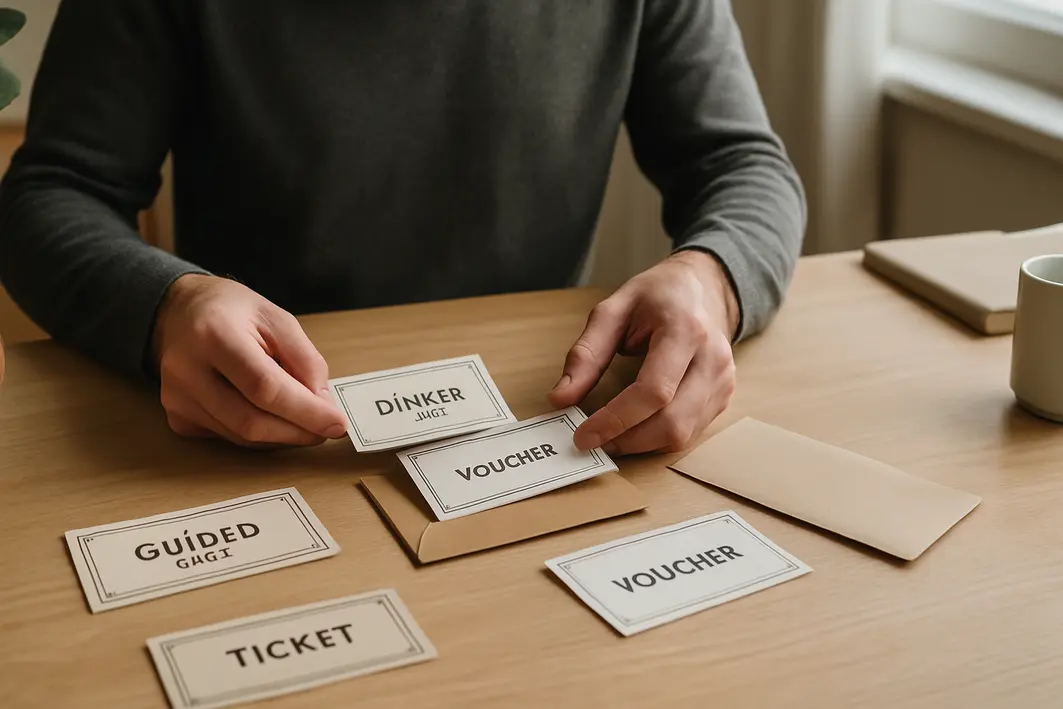 Presente para homem que já tem tudo — segredo está na escolha Mãos masculinas organizando ingressos e vouchers de experiências sobre mesa de madeira clara em ambiente doméstico contemporâneo