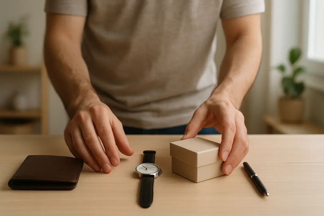 Presente para homem minimalista: menos coisas, mais significado Mãos masculinas organizando carteira de couro, relógio discreto, caneta elegante e caixa de presente minimalista sobre mesa clara