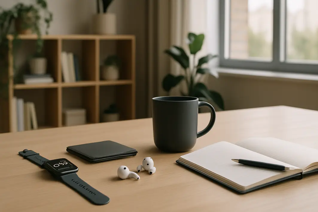 Presente para homem moderno: escolhas atuais que fazem sentido Mesa de madeira clara com smartwatch, carteira minimalista, fones de ouvido sem fio, caneca elegante e caderno aberto em ambiente interno moderno com estante e plantas