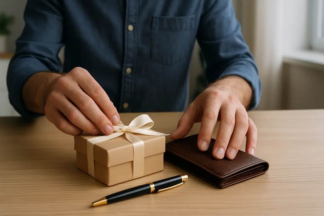 Presente para homem personalizado quando vale apostar no exclusivo Mãos masculinas organizando carteira couro caneta e caixa presente sobre mesa de madeira clara