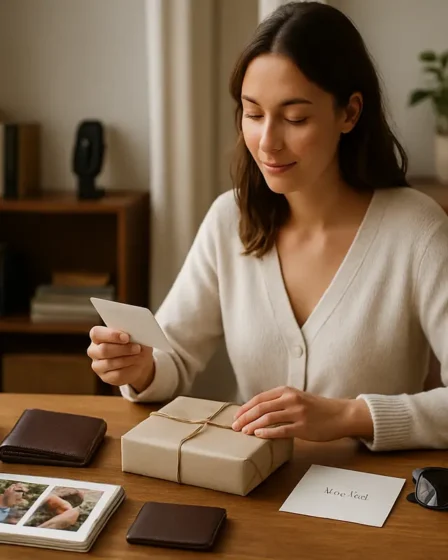 Presente para namorado de aniversário: ideias certeiras para não errar Mulher escolhendo presente para namorado em ambiente aconchegante com opções variadas sobre mesa
