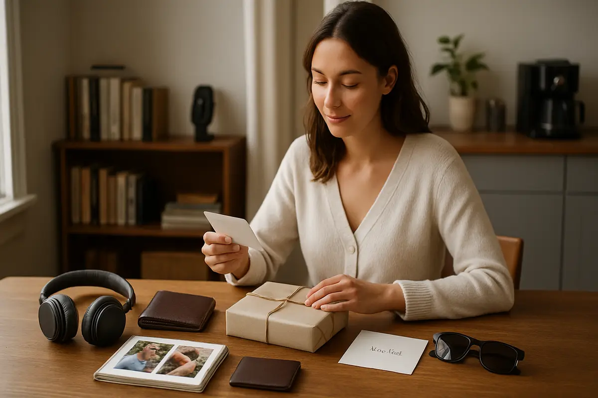 Presente para namorado de aniversário: ideias certeiras para não errar Mulher escolhendo presente para namorado em ambiente aconchegante com opções variadas sobre mesa