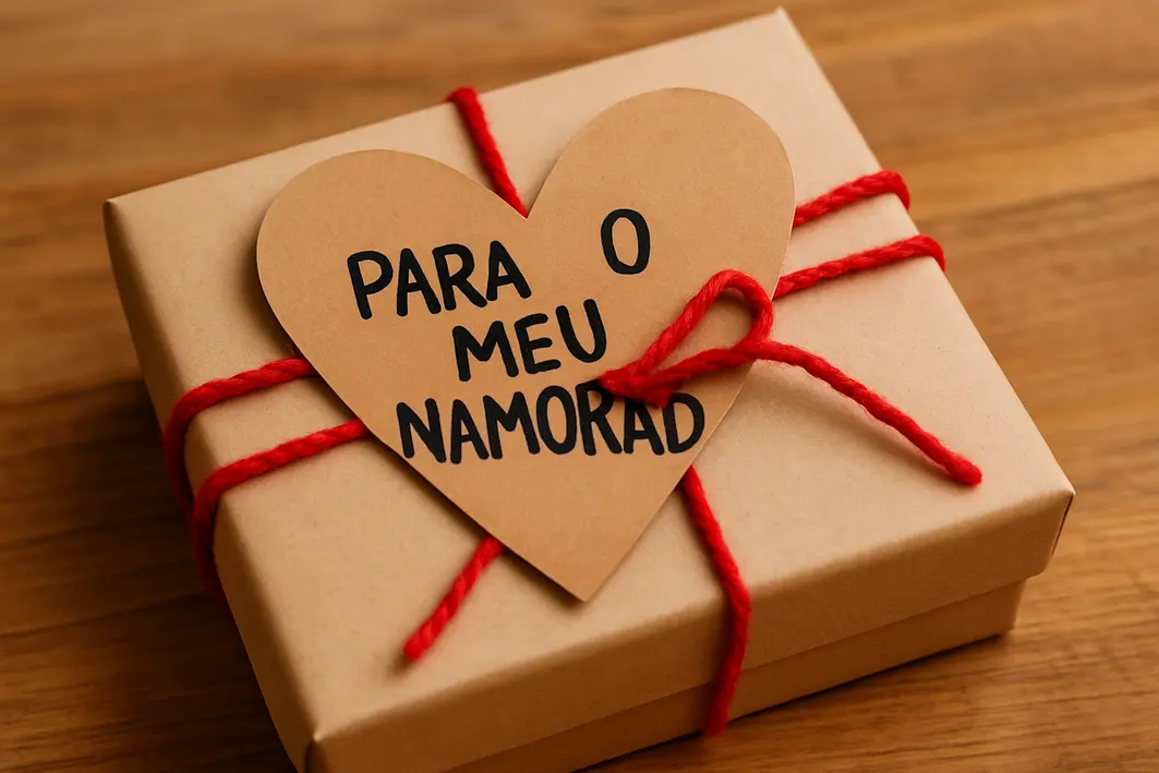 Presente para namorado caseiro: ideias aconchegantes e cheias de carinho Mãos masculinas ajustando embalagem de presente com papel kraft e fita de tecido natural sobre mesa de madeira clara