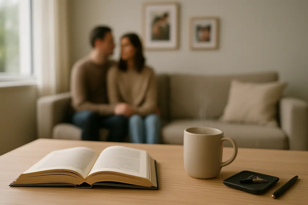 Presente para namorado que já tem tudo: como acertar mesmo assim Sala de estar moderna com mesa de madeira clara contendo livro aberto e caneca de cafe, banco ao fundo com almofadas e lembrancas do casal, ambiente iluminado por luz natural