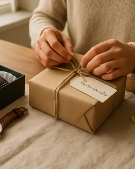 Presente para namorado no Dia dos Namorados: ideias que funcionam sempre Mesa organizada com carteira sintética elegante, relógio minimalista de couro, kit skincare embalado em papel kraft e bilhete manuscrito ao lado de flores frescas