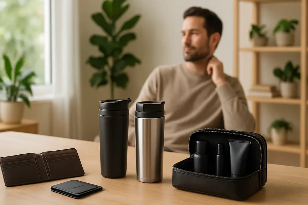 Presente para namorado no Dia dos Namorados: ideias que funcionam sempre Mesa de madeira clara com carteira, caneca térmica e kit masculino em ambiente interno moderno