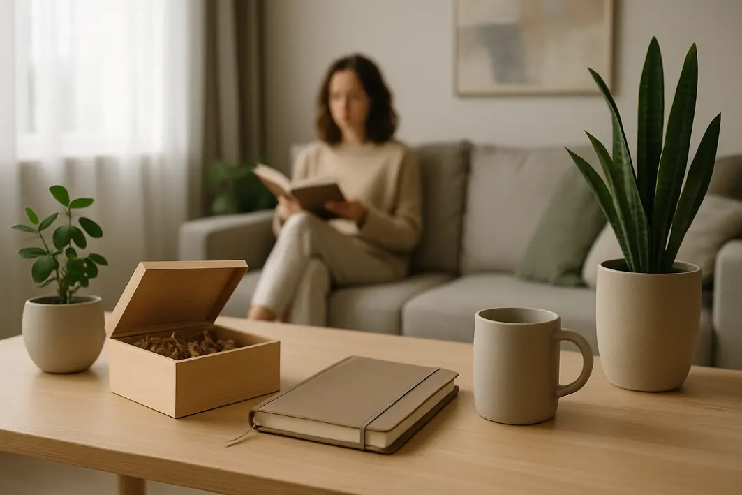 Presente para namorado diferente: ideias fora do padrão que surpreendem Mesa de madeira clara com caixa artesanal, caderno elegante, caneca neutra e plantas em ambiente moderno
