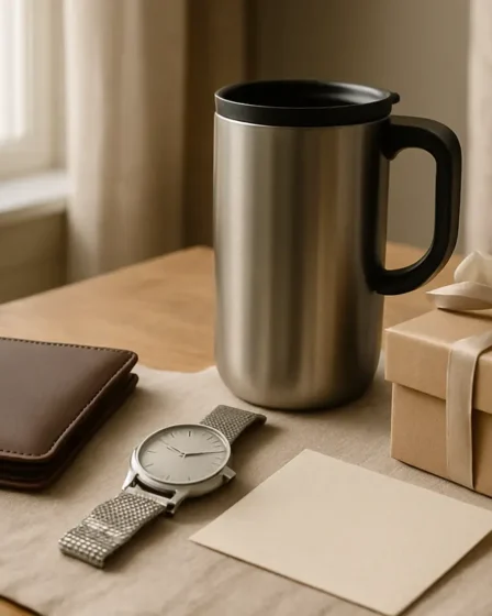 Presente para namorado econômico: ideias baratas que parecem caras Mesa de madeira com carteira slim de couro sintetico, caneca termica aço inox, relógio minimalista de aço e caixa de presente kraft com bilhete manuscrito