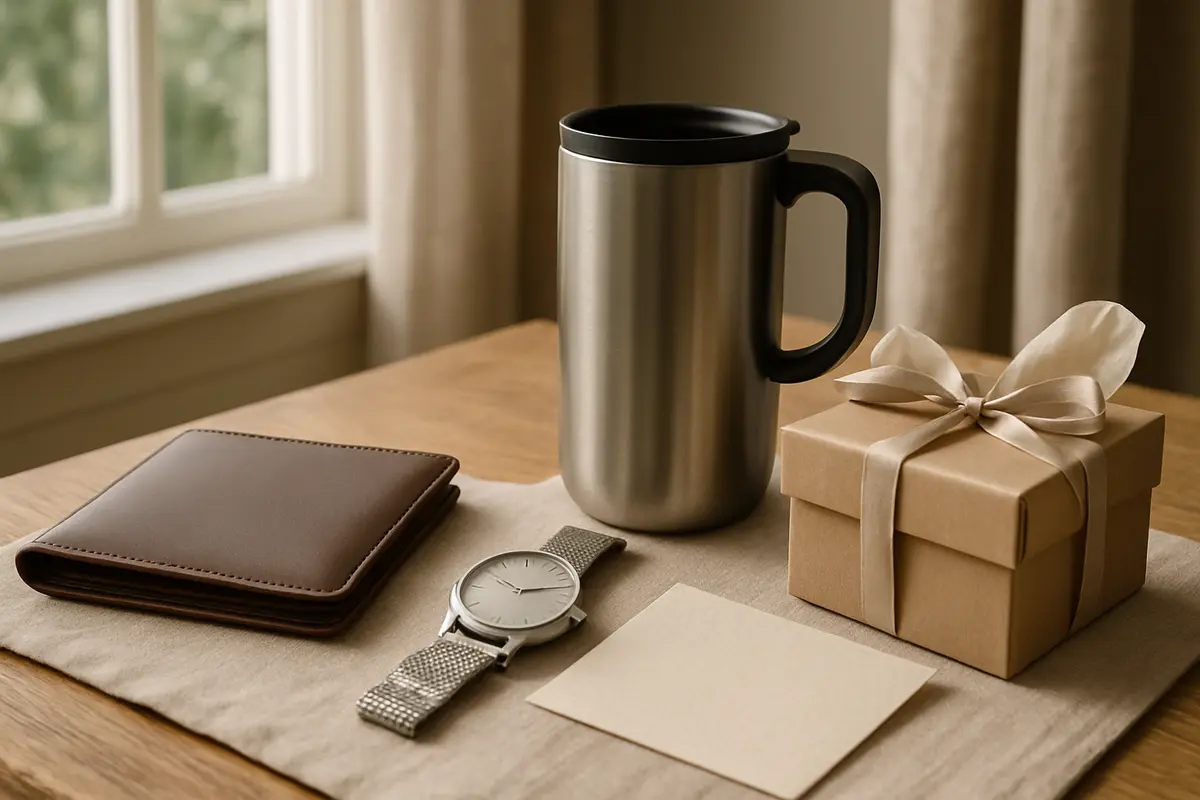 Presente para namorado econômico: ideias baratas que parecem caras Mesa de madeira com carteira slim de couro sintetico, caneca termica aço inox, relógio minimalista de aço e caixa de presente kraft com bilhete manuscrito