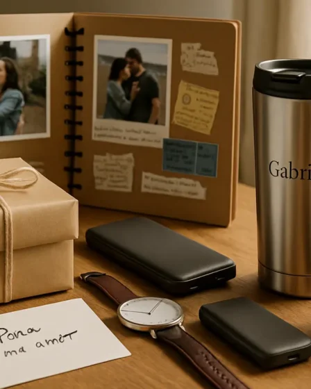 Presente para namorado sem gastar muito: boas ideias com pouco dinheiro Seleção de presentes acessíveis para namorado com caixa embrulho neutro, carteira sintética, relógio minimalista, caneca térmica personalizada, carregador portátil e kit de cuidados pessoais sobre mesa de madeira