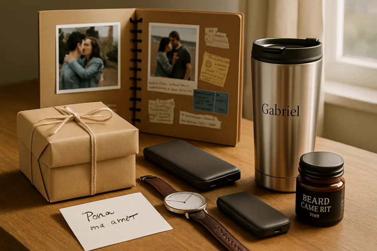 Presente para namorado sem gastar muito: boas ideias com pouco dinheiro Seleção de presentes acessíveis para namorado com caixa embrulho neutro, carteira sintética, relógio minimalista, caneca térmica personalizada, carregador portátil e kit de cuidados pessoais sobre mesa de madeira
