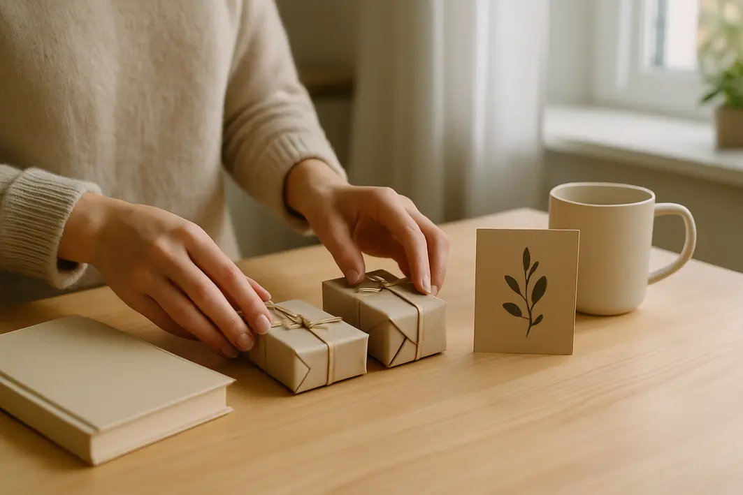 Presente para namorado sem gastar muito: boas ideias com pouco dinheiro Mãos femininas organizando pequenos presentes práticos e personalizados em mesa de madeira clara