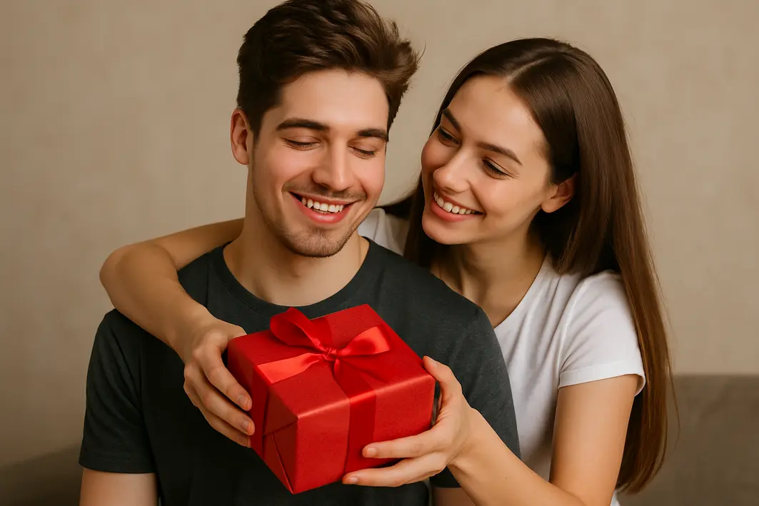 Presente para namorado jovem: ideias atuais que combinam com a idade Mãos ajustando um laço em embalagem de presente sobre mesa de madeira clara com fita adesiva e tesoura ao lado