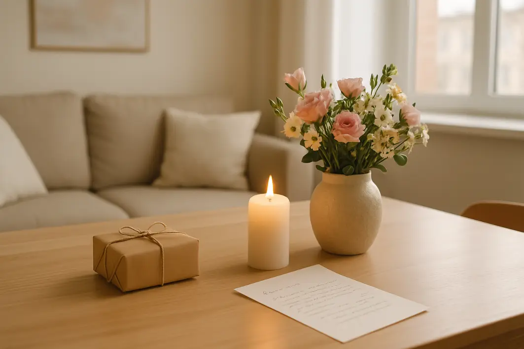 Presente para namorado romântico: ideias simples que dizem muito Mesa de madeira clara com caixa de presente embrulhada em papel kraft, vela branca acesa, buque de flores naturais em vaso de ceramica e carta manuscrita em ambiente moderno e acolhedor