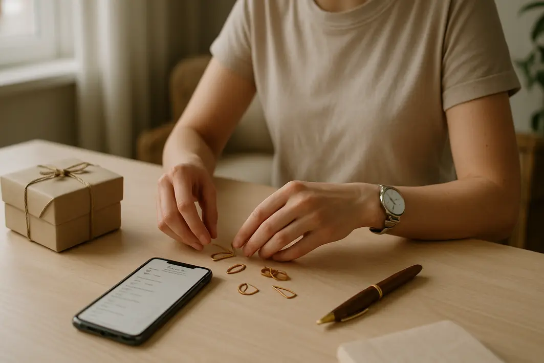 Presente para namorado surpresa: ideias que emocionam sem aviso prévio Mãos femininas organizando caixa de presente e telefone com lista de desejos em mesa clara