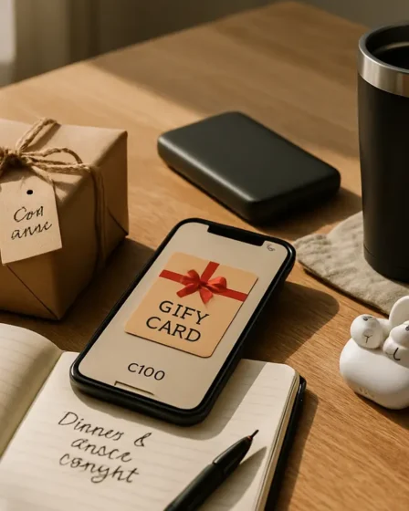 Presente para namorado de última hora — soluções rápidas que funcionam Mesa moderna com presente embrulhado em papel kraft, cartão escrito à mão, celular com vale presente digital e itens como power bank e caneca térmica