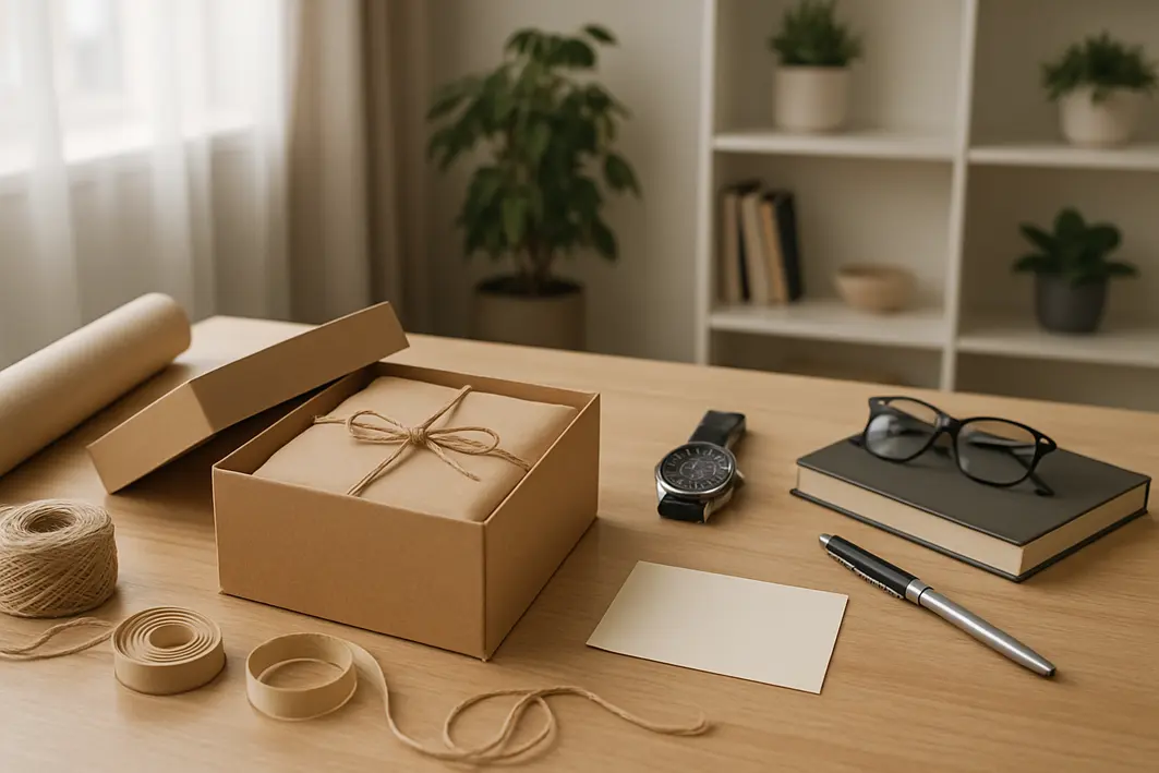 Presente para namorado de última hora — soluções rápidas que funcionam Mesa de madeira clara com caixa de presente aberta, relógio de pulso e acessórios masculinos em ambiente interno moderno e iluminado