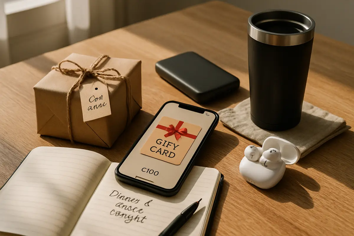 Presente para namorado de última hora — soluções rápidas que funcionam Mesa moderna com presente embrulhado em papel kraft, cartão escrito à mão, celular com vale presente digital e itens como power bank e caneca térmica