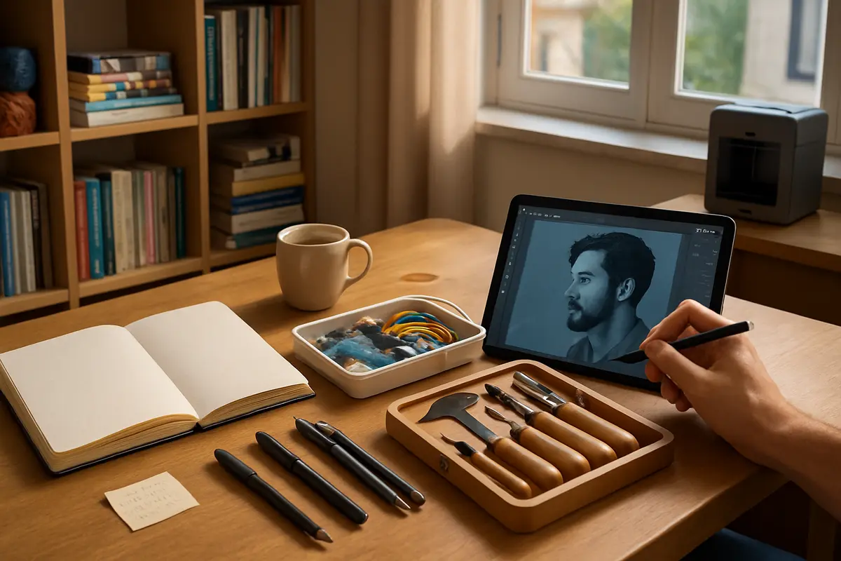 Presente para homem criativo: opções que estimulam e encantam Mesa de trabalho criativa organizada com sketchbook, canetas técnicas, kit de eletrônica, ferramentas de marcenaria e tablet exibindo ilustração digital