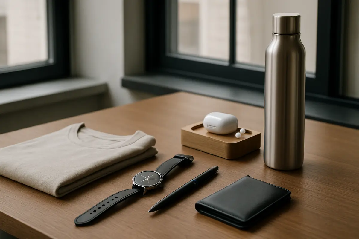 Presente para homem minimalista: menos coisas, mais significado Mesa organizada com carteira fina de couro, relógio analógico com pulseira de couro, caneta de design sólido, garrafa térmica de aço inox, fones de ouvido sem fio e camiseta neutra dobrada