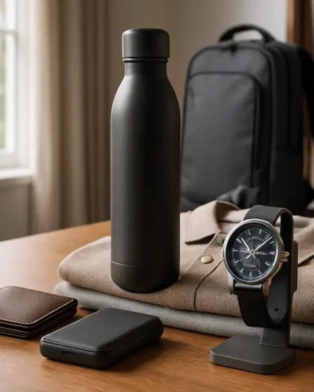 Presente para homem moderno: escolhas atuais que fazem sentido Mesa de madeira com fones wireless, carteira de couro, power bank, relógio híbrido, garrafa térmica e camisa polo em ambiente moderno iluminado