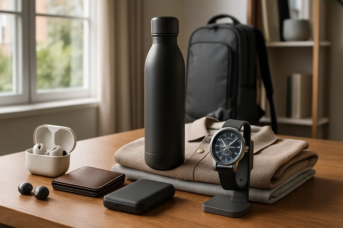 Presente para homem moderno: escolhas atuais que fazem sentido Mesa de madeira com fones wireless, carteira de couro, power bank, relógio híbrido, garrafa térmica e camisa polo em ambiente moderno iluminado