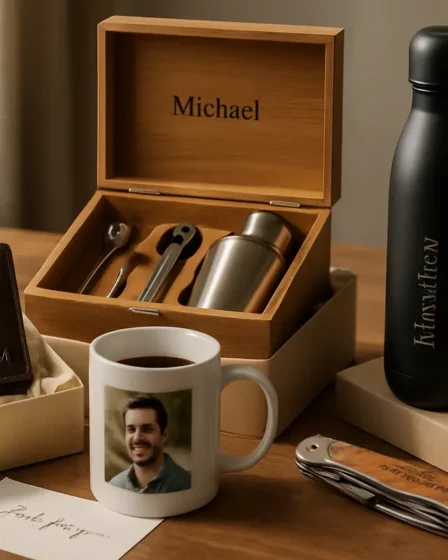 Presente para homem personalizado quando vale apostar no exclusivo Conjunto de presentes personalizados para homem sobre mesa de madeira com carteira de couro, caneca cerâmica, kit de coquetel em madeira, garrafa térmica e canivete multifunção