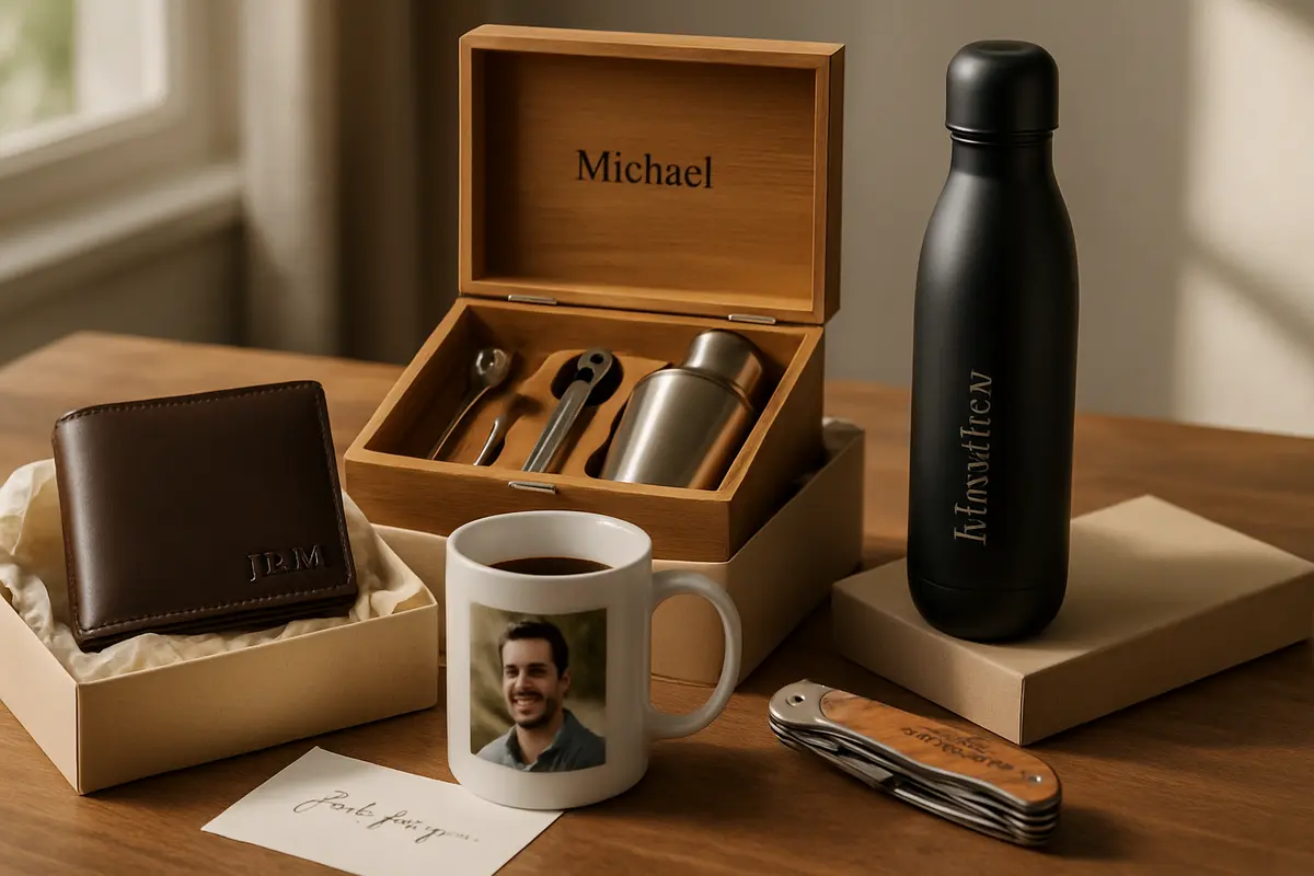 Presente para homem personalizado quando vale apostar no exclusivo Conjunto de presentes personalizados para homem sobre mesa de madeira com carteira de couro, caneca cerâmica, kit de coquetel em madeira, garrafa térmica e canivete multifunção