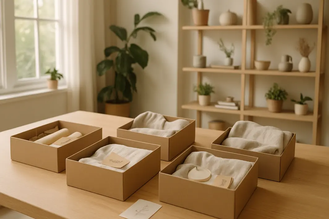 Presente para homem personalizado quando vale apostar no exclusivo Mesa de madeira clara com caixas de presente abertas contendo tecidos e objetos neutros personalizados, iluminação natural suave e prateleiras com plantas ao fundo