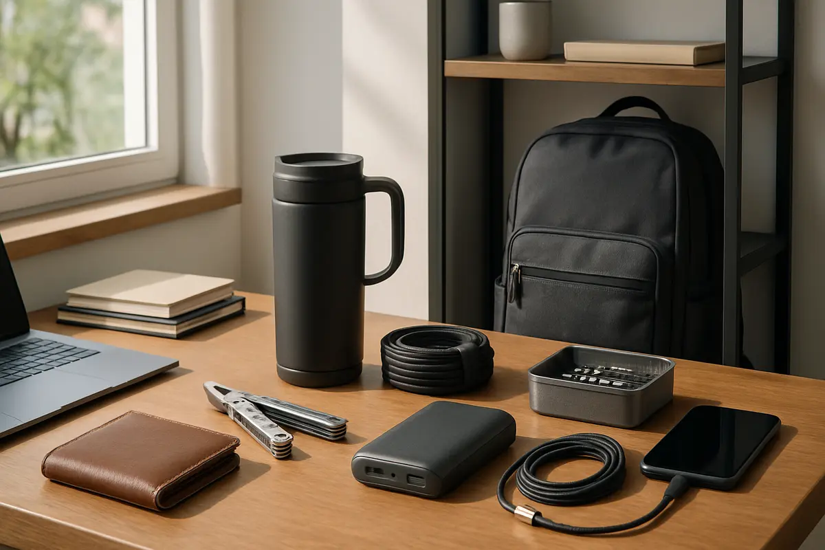 Presente para homem prático — o que dar para quem gosta de utilidade Espaço moderno com mesa organizada exibindo carteira de couro, canivete multifuncional de aço inox, caneca térmica, power bank, mochila robusta, organizador de cabos e kit de ferramentas