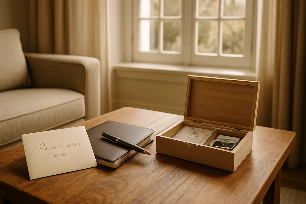 Presente para homem que já tem tudo — segredo está na escolha Envelope manuscrito, caneta artesanal, caderno de couro e caixa de madeira com mapa e álbum de fotos em sala elegante