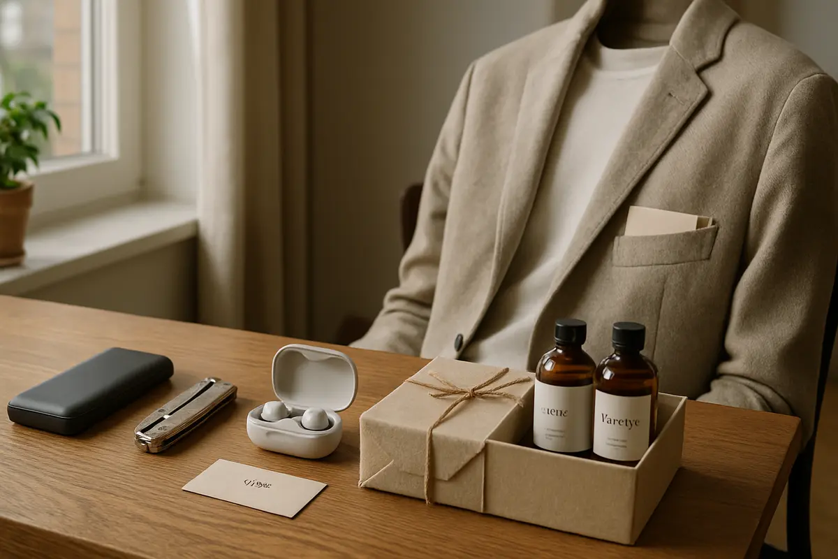 Presente para homem que não gosta de presentes: Opções seguras e funcionais Ambiente minimalista com mesa de madeira contendo power bank preto, ferramenta multiuso metálica, fones de ouvido sem fio em estojo aberto, caixa neutra com sabonete e shampoo, e jaqueta neutra com cartão presente no bolso