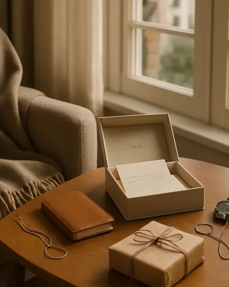 Presente para homem romântico: escolhas certeiras sem exagerar Cantinho acolhedor com cadeira, manta de lã, caixa de cartas personalizadas, relógio vintage, caderno de couro e pacote de presente sobre mesa de madeira