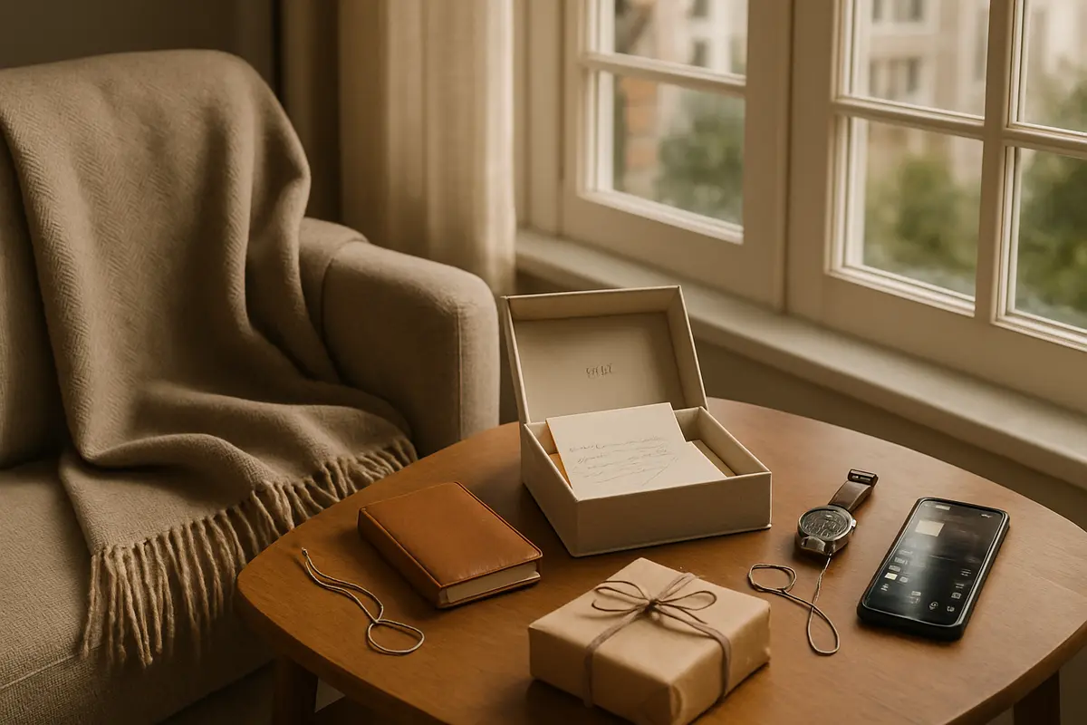 Presente para homem romântico: escolhas certeiras sem exagerar Cantinho acolhedor com cadeira, manta de lã, caixa de cartas personalizadas, relógio vintage, caderno de couro e pacote de presente sobre mesa de madeira