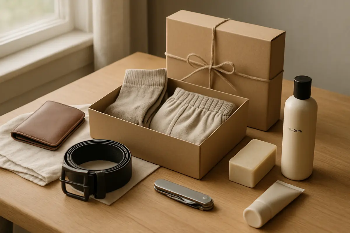 Presente para homem simples: O básico bem escolhido funciona Mesa de madeira com carteira de couro, cinto preto, canivete multiuso, meias e kit de cuidados pessoais