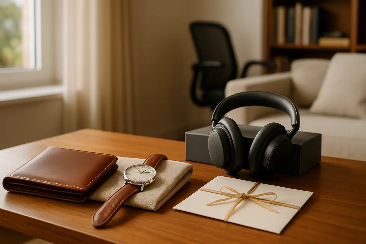 Presente para namorado adulto que une utilidade e elegância Mesa de madeira com carteira de couro, relógio clássico, fone de ouvido sem fio e envelope de presente em ambiente sofisticado